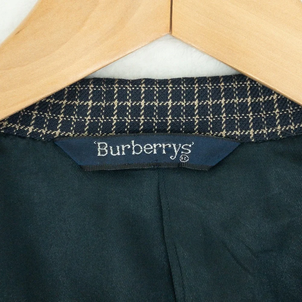 Burberrys Blazer Mens Size 48L Navy Blue Check Pattern Two Button Sport Coat